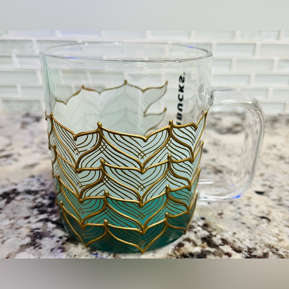 Starbucks Glass Mug with Gold and Green Accents